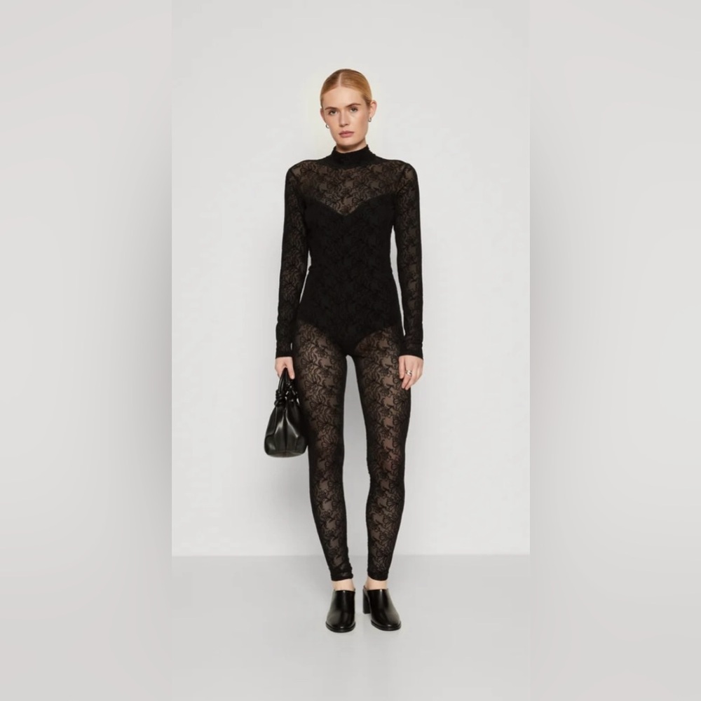 All Saints Black Lace Jumpsuit with Long Sleeves and High Neckline